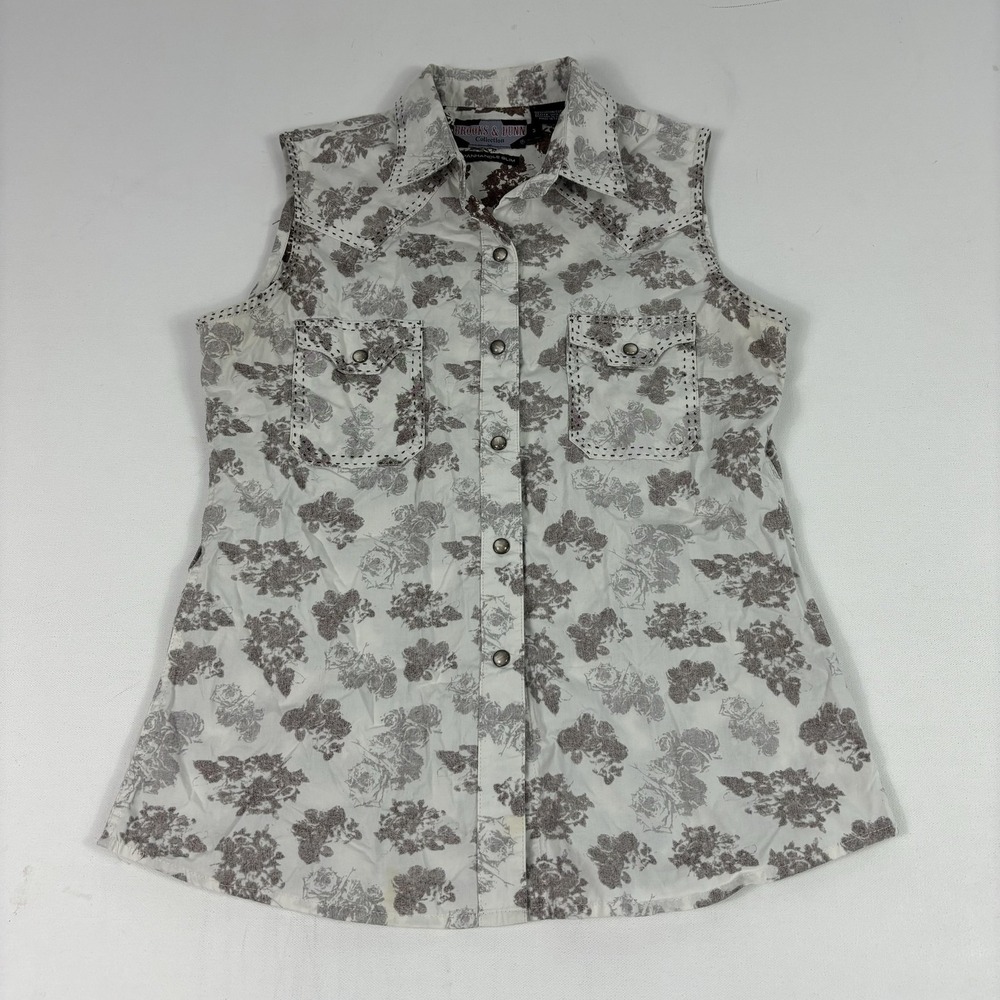 Vintage Brooks & Dunn Shirt Womens Medium Floral Sleeveless Western Pearl Snap
